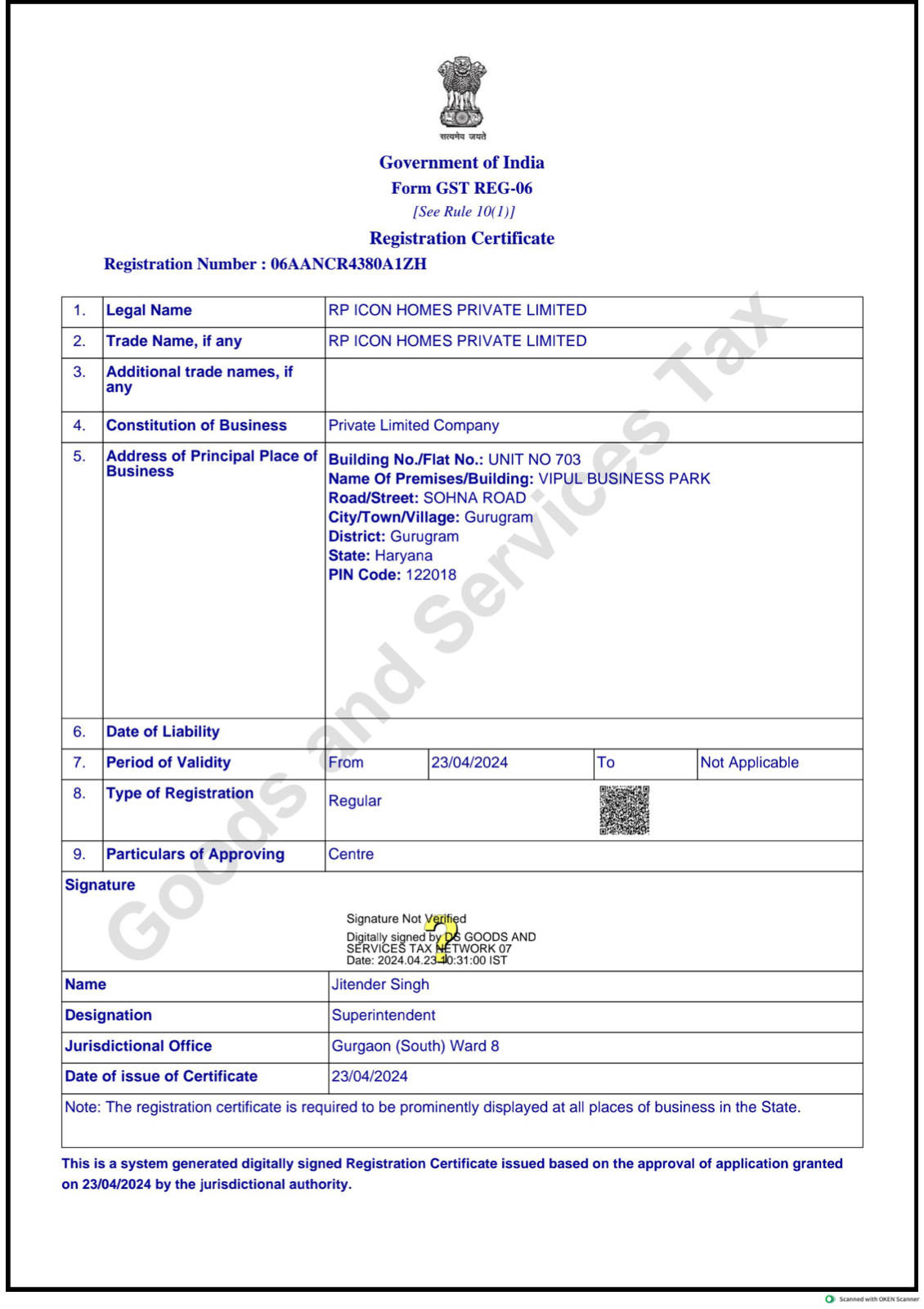 GST Registration Certificate